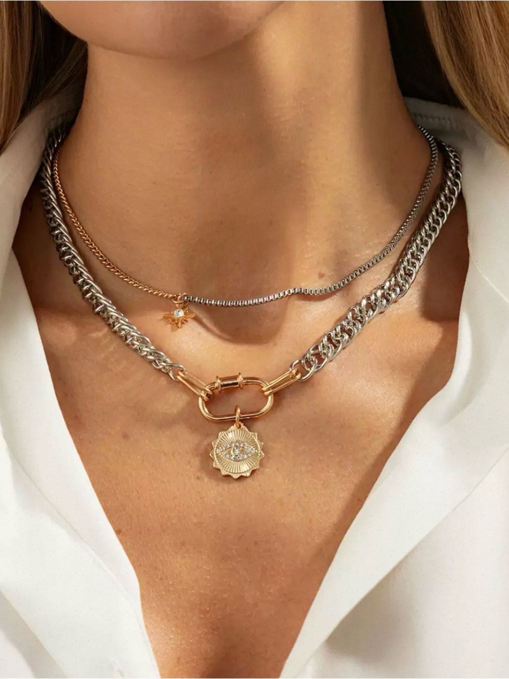 Two-Tone Gold & Silver Layered Medallion Necklace N011